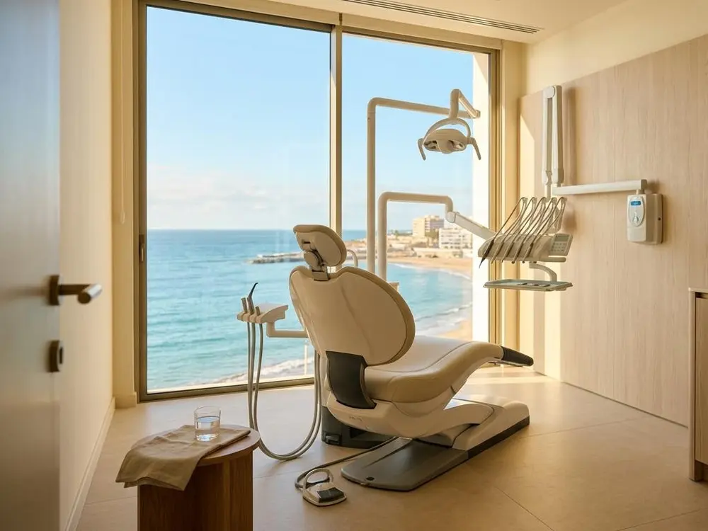Gabinete dental de Clínica Confital con el sillón frente al ventanal con vistas a la bahía