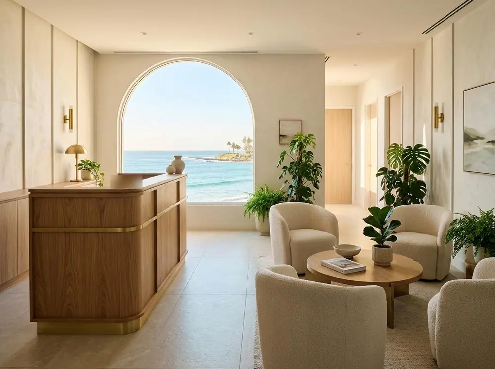 Recepción y sala de espera de Clínica Confital, con arco y ventanal al mar
