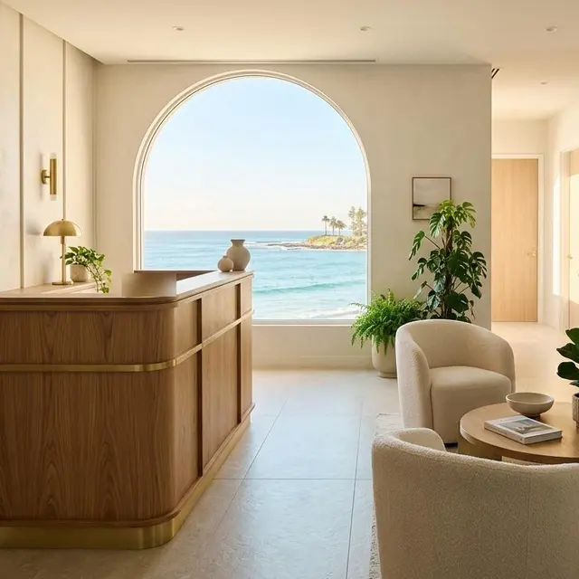 Publicación de Instagram: la sala de espera de Clínica Confital con su arco y vistas al mar