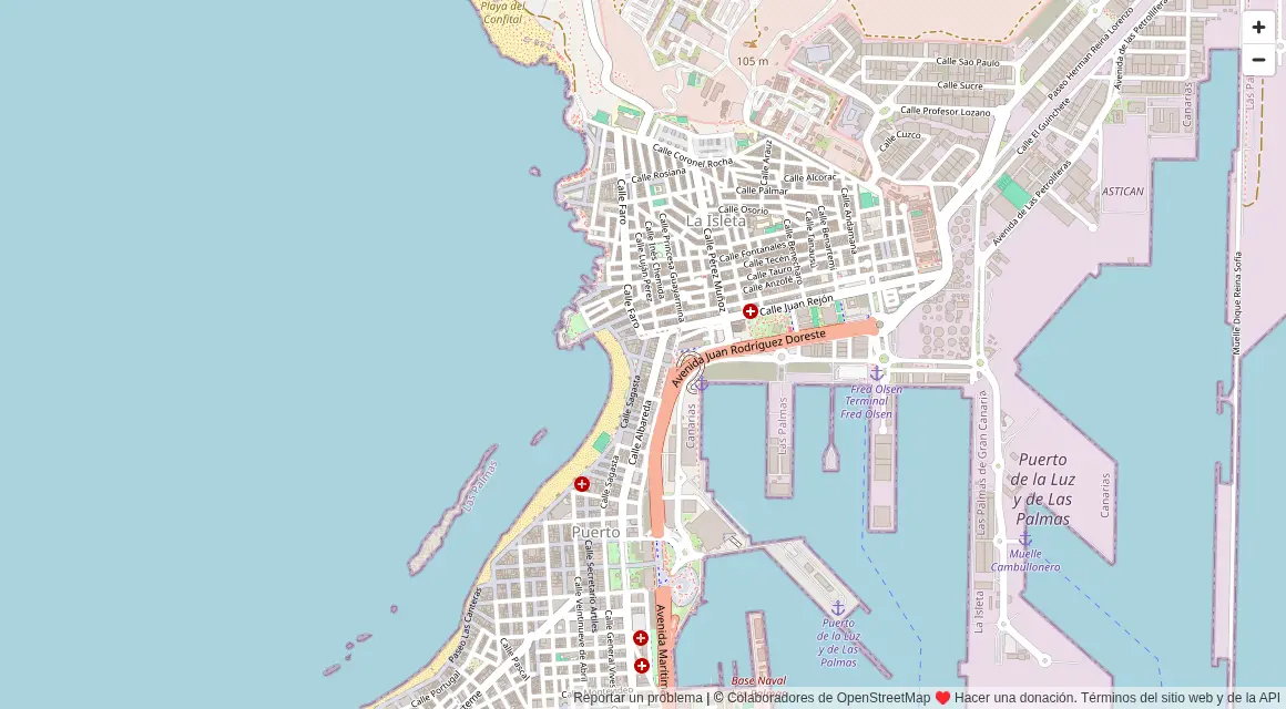 Mapa de la zona de La Isleta y el Confital, Las Palmas de Gran Canaria, con la ubicación de la clínica en Calle La Naval 112